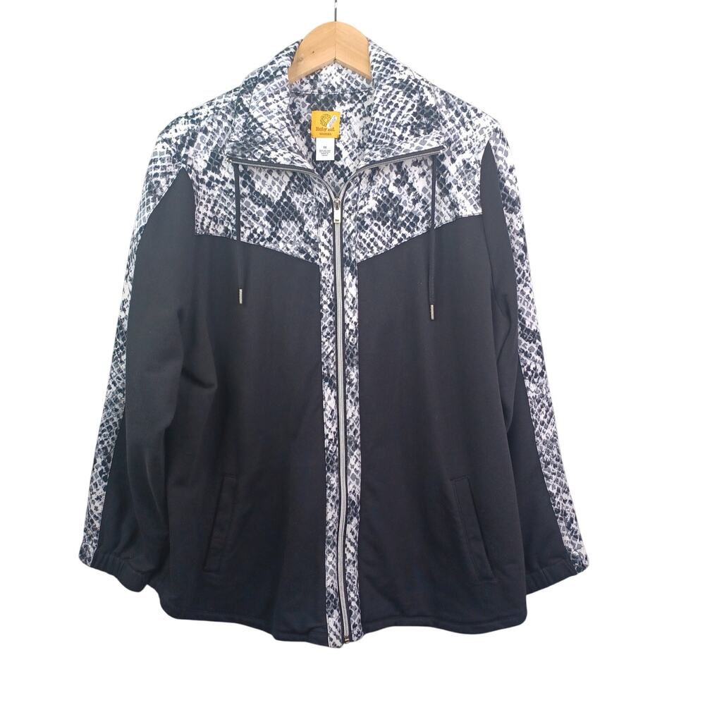 Ruby Rd Women Full Zip Activewear Jacket Size 1X Black Animal Print Trim Stretch
